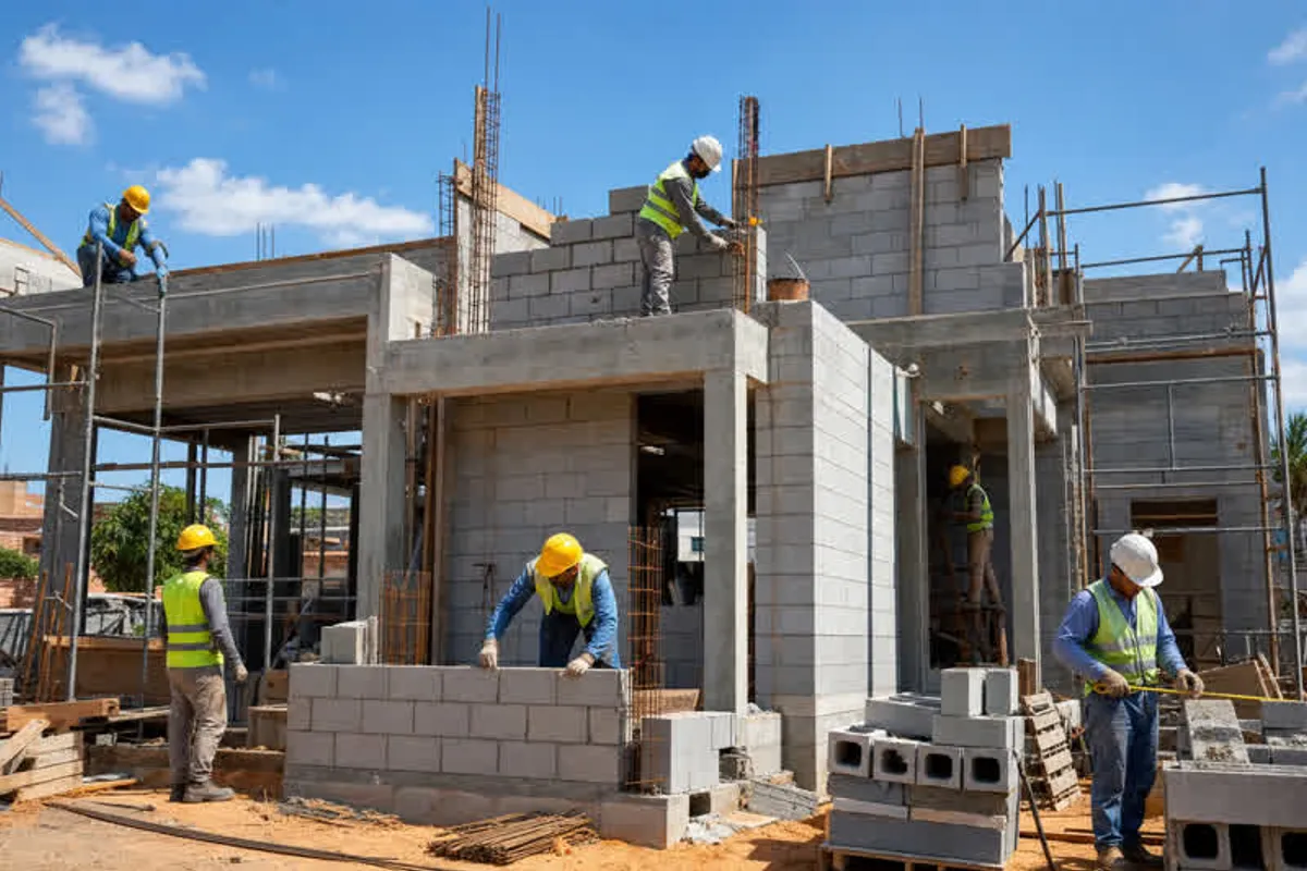 Equipe de construtora construindo casa residencial em Estreito, Florianópolis
